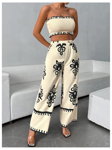 WDIRARA Women's 2 Piece Outfits Sleeveless Strapless Smocked Crop Tube Top and Graphic Wide Leg Pants Set4