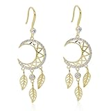 Sterling Silver Moon Earrings Boho Feather Dangle and Drop Earrings Crescent Moon Dreamcatcher Long Earrings for Women, Gold