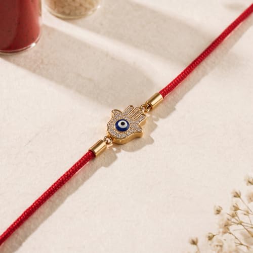 Image of PALMONAS Demifine 18K Gold Plated Evil Eye Rakhi for Brother - Waterproof & Anti-Tarnish Designer Rakhi for Men | Premium Raksha Bandhan Rakhee with Roli Chawal