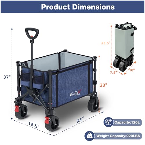 COMLAX FIELD Collapsible Wagon Cart Foldable with Big Wheels Brakes, 250lbs Folding Utility Lightweight Garden Wagon, Portable Grocery Cart for Camping Shopping Sports Pets, Blue - Thumbnail 3