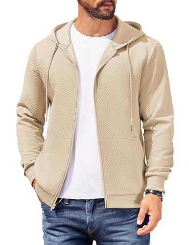 COOFANDY Mens Hooded Sweatshirt Zipper Casual Long Sleeve Hoodies Fashion Drawstring Sweatshirts With Pocket, Khaki, Large