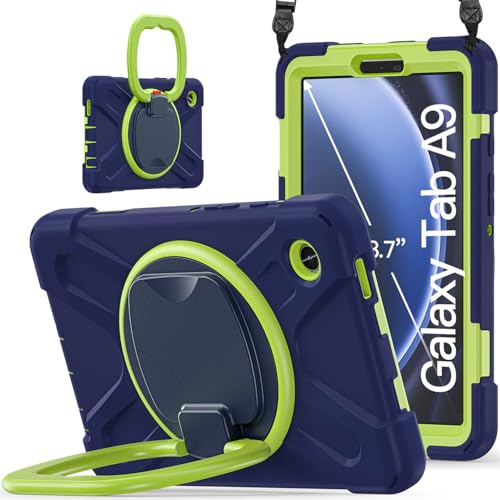 Étui Samsung Galaxy Tab A9 antichoc JZ avec support rotatif et bandoulière bleu et citron