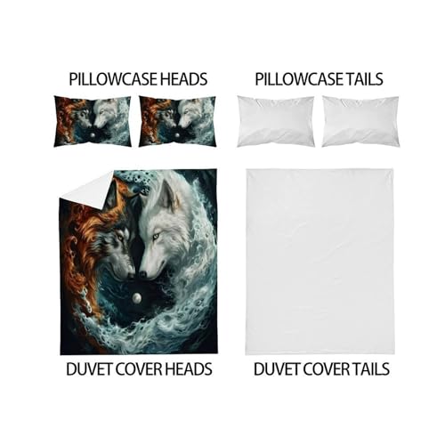 Housse de couette loup fermeture éclair microfibre imprimé 3D glace et feu King