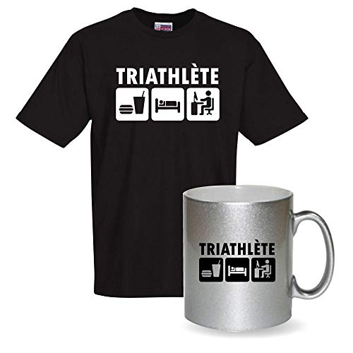 T-Shirt Noir Triathlète et Mug en Inox Format Cadeau Fête des Pères