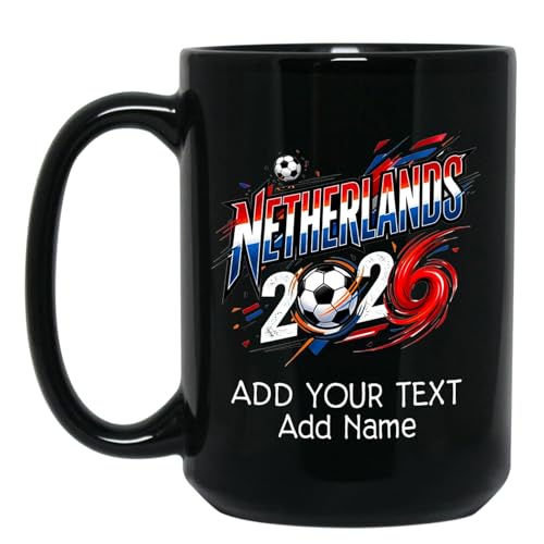 Personalized Text & Name Netherlands Soccer 2026 Mug, Netherlands National Flag Black Coffee Cup, Custom Soccer Lover Ceramic Mug 11oz or 15oz, Sport Cup Gift for Friend Coach Son Daughter