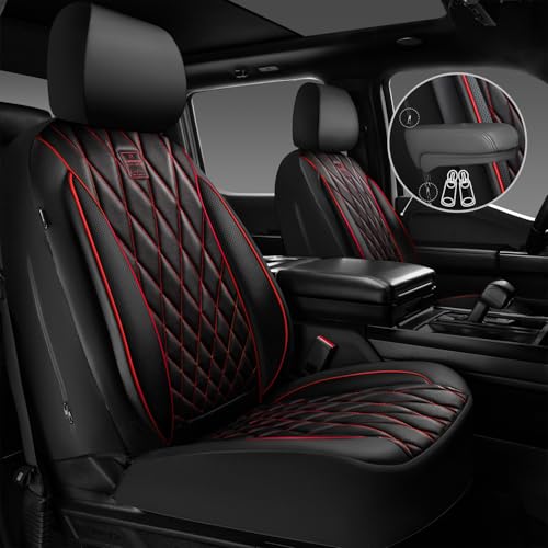 Image of CAR PASS Piping Luxury Leather Seat Covers Full Set,5 Seats Anti-Slip Waterproof Seat Covers Compatible with Front Armrests,Universal Fit for Sendan SUV Van Truck,Airbag Compatible,Black and Red