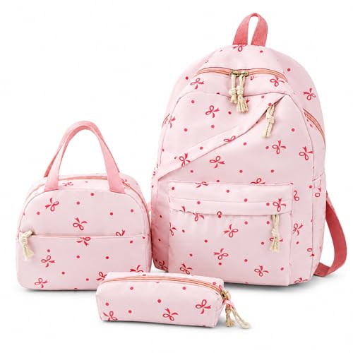 Image of Vexilon 3-Piece Bow Backpack, Adorable Bow Bag, Pink Girls Backpacks for School, Polyester Backpack + Lunch Bag + Pencil Case, for Teens Kids Daily Use, Commute Travel Hiking Camping