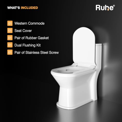 Image of Ruhe Oreo One-Piece Western Toilet with 3D Siphonic Flushing System| S-Trap | White Glossy Ceramic | 26 x 13 x 29 inches | Soft-Close Seat Cover | Dual Flushing | Floor Mounted Western Commode