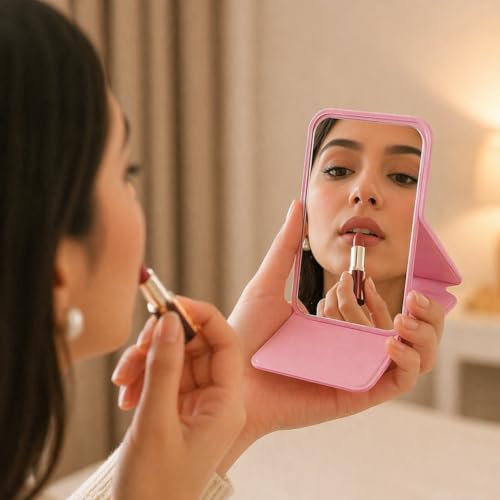 Image of Travel Mini Makeup Mirror(11x7cm),Portable Folding Mirrorwith Stand,Light Weight and Slim Design for Purse,Travel,Use,Anywhere,Easy Portability,Fits in Purse,Bag,Pocket (Pink, Pack of 1)