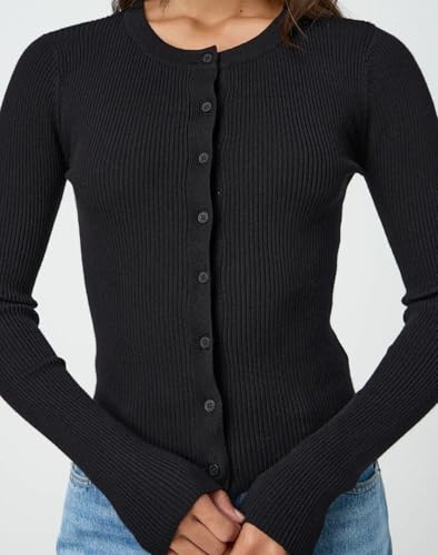 Image of Cioatin Women Long Sleeve Button Up Ribbed Knit Crop Cardigan Y2K Slim Fit Round Neck Sweater Tshirt Fall Going Out Tops
