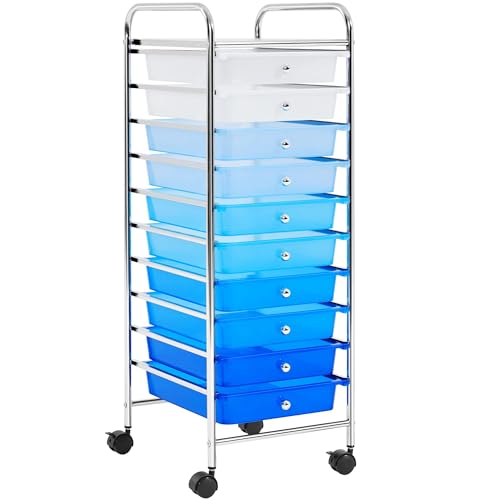 Yaheetech 10 Drawers Plastic Storage Cart, Multipurpose Mobile Organizer Drawer Unit with 4 Lockable Wheels, Utility Rolling Trolley for Home Office School Salon & Beauty, Blue Gradient