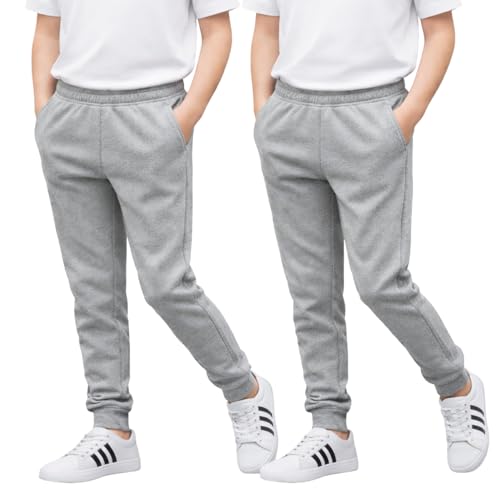 Joggers for Boys & Girls – Jogging Bottoms with Elastic Waistband & Cuffed Ankle, PE & School Trousers for Kids – Comfortable & Breathable Unisex Tracksuit Sweatpants – Sports Grey, 2 Pack(9-10 Yrs)