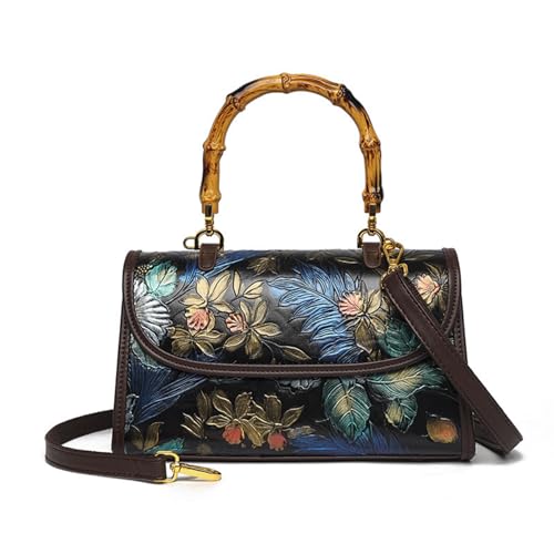 Bamboo Handle Purse for Woman Retro Floral Embossed Handbag Crossbody Vintage Elegant Purses Top Handle Satchel Bag