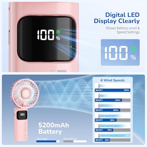 Portable Handheld Fan, USB Rechargeable Foldable Mini Personal Fan, 5200mAh, 180 Adjustable, 6 Speed Wind, 3 IN 1 Hand Cooling Desk Fan with LED Display for Home Office School Outdoor Travel, Pink