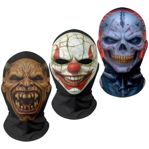 Red Plume 3PCS 3D Breathable Balaclava Masks Full Face Cover Halloween Neck Gaiter Mesh Ghost Hood Headwear Bandana Head Wrap