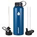 Sendestar 40 oz Double Wall Vacuum Insulated Leak Proof Stainless Steel Sports Water Bottle-Wide Mouth with Straw Lid & Flex Cap & Spout Lid (Cobalt)