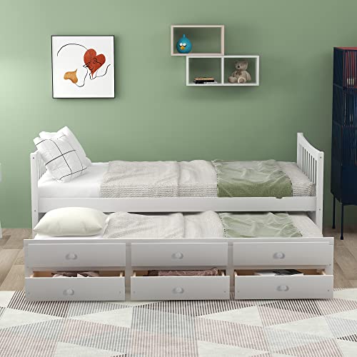 Bellemave Daybed With Trundle And Drawers,Twin Captain’s Bed With Wood Platform Bed Frame For Kids Boys Girls Teens Adults, No Box Spring Need(White) #TOP2