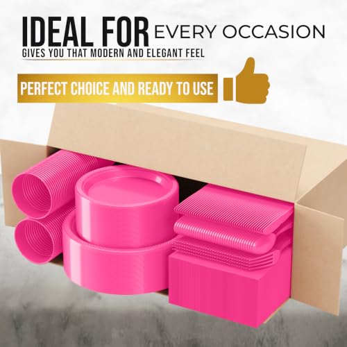 Image of Exquisite 350 Pcs Hot Pink Plates and Napkins Party Supplies Plate Sets | Sturdy Plastic Dinnerware Set With 9 inch & 7 inch Plates, 12 Oz Cups, Lunch Napkins and Cutlery Serves 50 for Birthdays & Everyday
