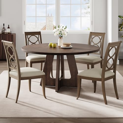 GAOMON 47 Inch Round Dining Table for 4-6 People, Circle Dinner Table with Wooden Cross Pedestal Base, Farmhouse Kitchen Furniture for Dining Room, Living Room, Kitchen (Table Only) - Reddish Brown