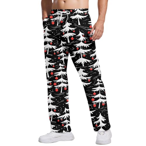 WENKOMG1 Mens Pj Pants Warm - Unisex Couples Wide Leg Funny Xmas Printed Casual Comfy Soft Lounge Pant Pajamas Bottoms Plaid Men Clothes Fashion Pantalones De Pijama Navideños (L - Black)