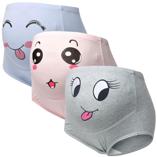 Hornice Women's Maternity High Waist Underwear Pack of 3 Cotton Pregnancy Panties Smile Printing Belly Underpants Over Bump Briefs with Adjustable Drawstring