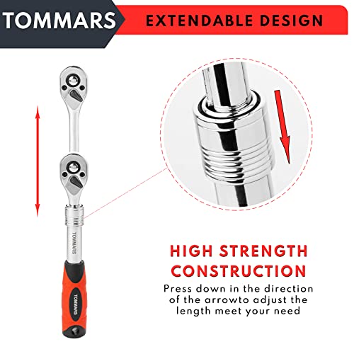 Image of TOMMARS Extendable Ratchet Set 1 /4 inch, 3 /8 inch, 1 /2 inch Socket Wrench Hand Tool Kit | Mechanic Hand Tool Set, Telescoping Design, 72 Tooth 5-degree swing arc, Quick Release, Reversible