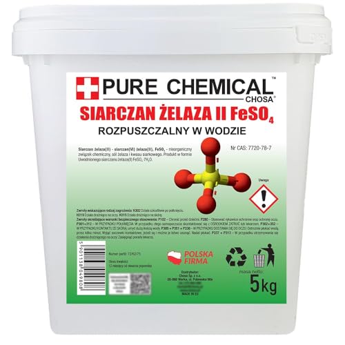 CHOSA Solfato di Ferro 5 kg - Solfato Ferroso 99,99% Puro - Ferro(II) Solfato Idrosolubile - FeSO4 Senza Additivi, Scorrevole e Non Agglomerante - Secchio da 5000 g