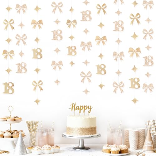 Image of Glitter Champagne 18th Bow Birthday Decorations Champagne Conquette Bow Garland Streamer Banner Backdrop for Girls Happy 18th Birthday Time to Adult Cheers to 18 Years Old Anniversary Party Supplies