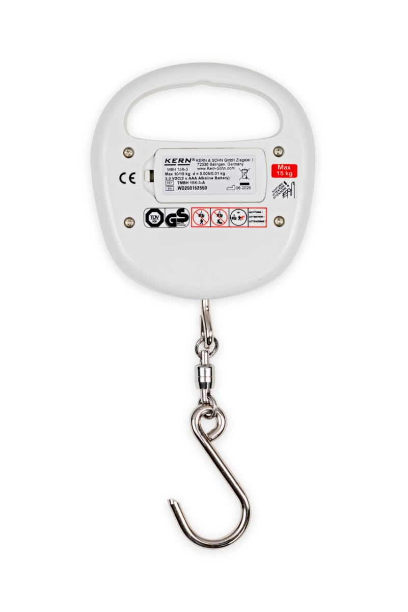 KERN MBH 15K-3 - Bilancia sospesa per neonati e ostetriche, leggibilità [d]: 5 g | 10 g, campo di pesatura [max]: 10 kg | 15 kg, pesatura silenziosa nel panno, struttura mobile e due aree di pesatura