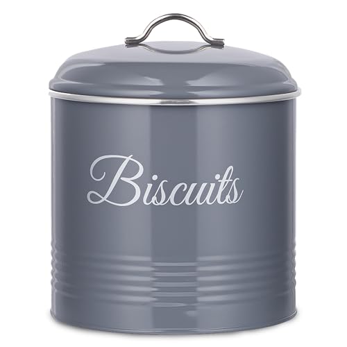 Innoteck Biscuit Tin - Airtight Metal Cookie Tin with Lid, Versatile Biscuit Storage Jar with 5.3L Capacity, Rust Resistant Cookie Jar with Labelled Design for Storing Snacks & Kitchen Use, Grey