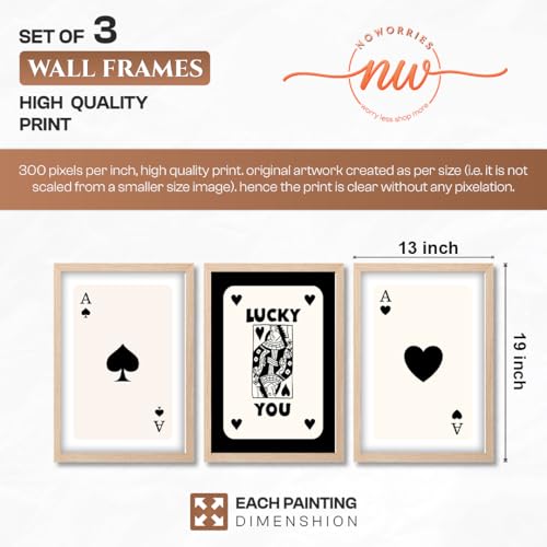 Image of NoWorries Playing Cards Wall Framed Painting Set | Lucky Card Art & Heart Ace Posters Frames | Premium 300 GSM Paper Print with Synthetic Wooden Frame | Minimal Black & White Aesthetic Wall Decor for Living Room & Bedroom (Pattern-illustration) (Set of 3) (NATURAL, ART-5, 13X19INCHES)
