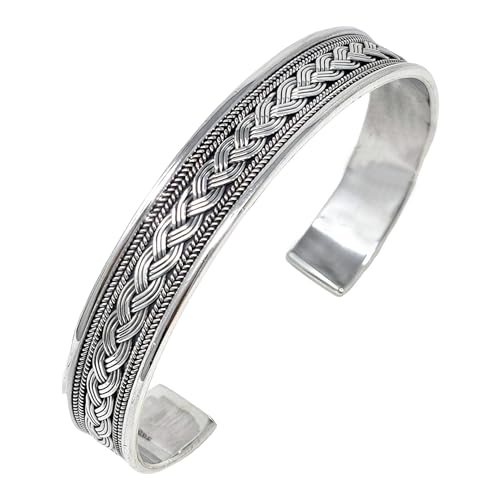 VN Jewelry Men's 925 Sterling Silver Bangle Bracelet - 11 Mm Braided Details Silver Bangle Cuff - Silver Cuff Bangle for Men - Ideal gift for him