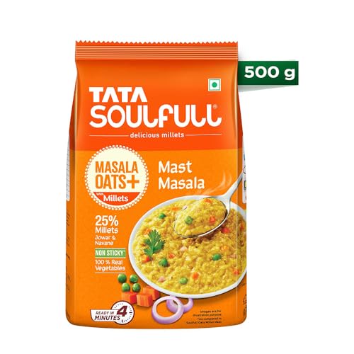 Image of Tata Soulfull Masala Oats+ With Millets, Mast Masala, 500g, Real Vegetables, 25% Millets, Non Sticky, Evening Snack, Healthy Snack (Pack of 2)