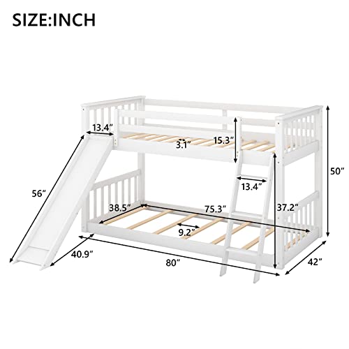 Twin-Over-Twin-Floor-Bunk-Bed-with-Slide-and-LadderSolid-Pine-Wood-Low-Bunkbeds-wSafety-GuardrailsNo-Box-Spring-Needed-Noise-Free-for-Dorm-Bedroom-Guest-Room-White