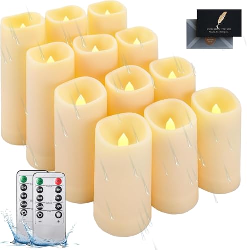 TOSUTO Vela impermeable para exteriores,Pack de 12 LED Velas sin Llama,llamas LED parpadeantes Efecto,con Mando a Distancia y Temporizador Velas Decorativas de pilas para Decoración,Bodas,Navidad