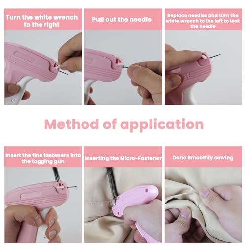 Stitch Gun for Clothes - Quick Clothes Fixer - Tagging Gun for Clothing with Sewing kit Includes 6 Needles,1000 Black Fasteners and White Fasteners （Pink） - Thumbnail 6