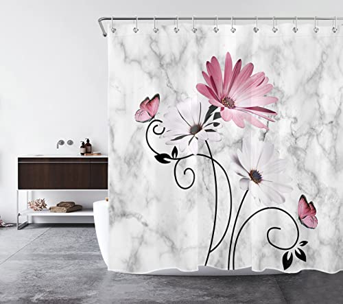 Weeneo Pink Butterfly Floral Shower Curtain Grey And White Marble Textured Shower Curtain Set For Bathroom Modern Farmhouse Flower Waterproof Fabric Bath Curtain With 12Pcs Hooks, 72X72 Inch #TOP2