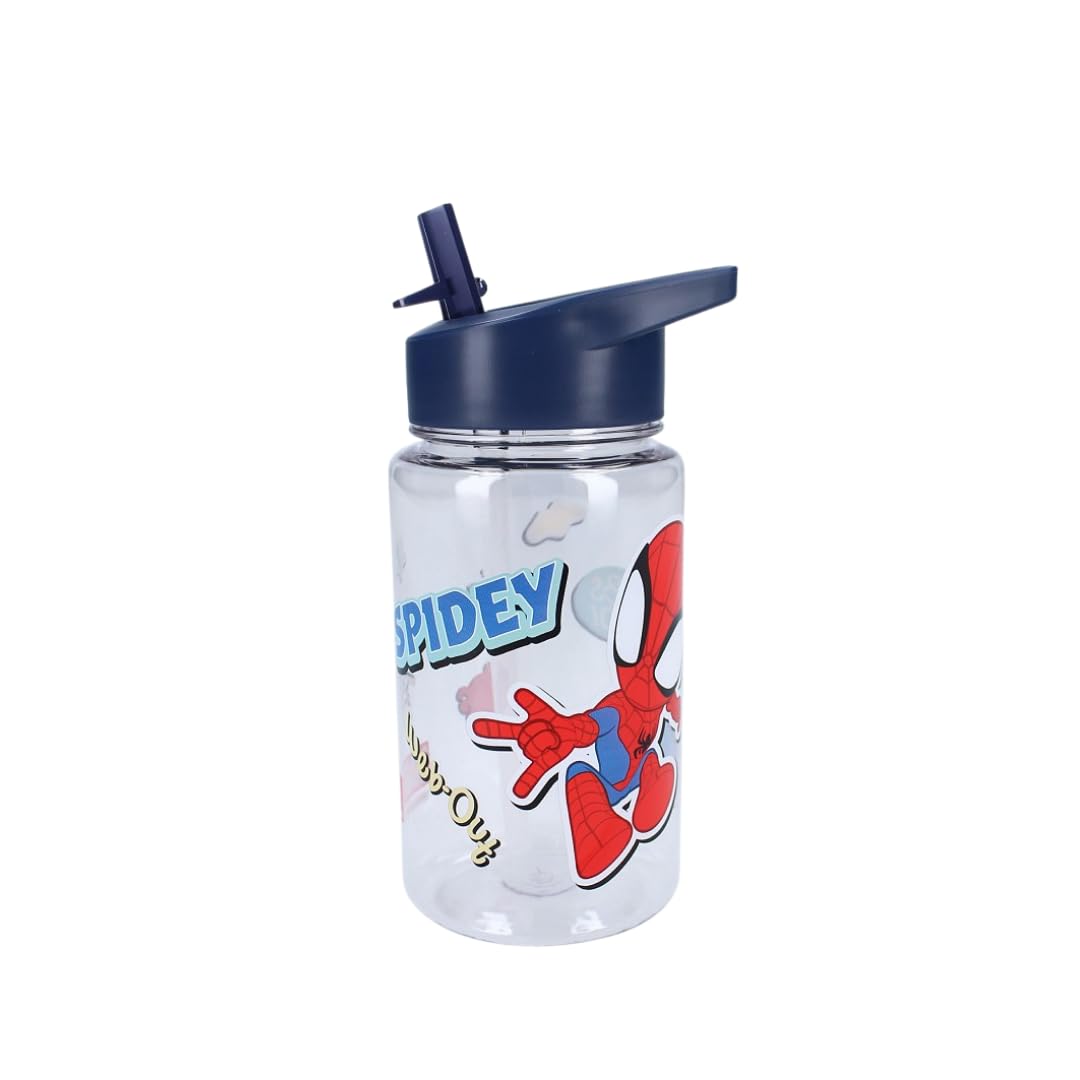 My sweety pop - Boy's Spidey Transparent Plastic Water Bottle - For Children - Nursery, Kindergarten, School, Holiday, Meal - 12cm - 450ml - Hydration - Gift Idea (Spidey - Transparent/Blue)