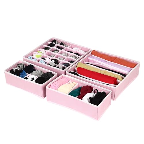 House of Quirk Fabric Set Of 4 Foldable Storage Box Drawer Divider Organizer Closet Storage For Socks Bra Tie Scarfs (Pastel Pink), Drawer Organizers