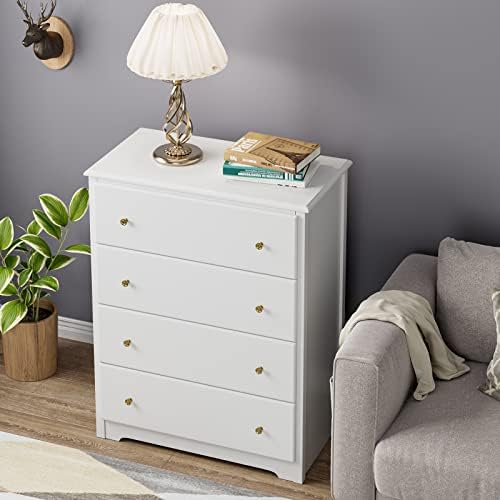 HOCSOK White Chest of Drawers, 4 Drawers Cabinet with Metal Handles and Runners, Wooden Storage Drawer Unit for Bedroom, 74x40x94cm