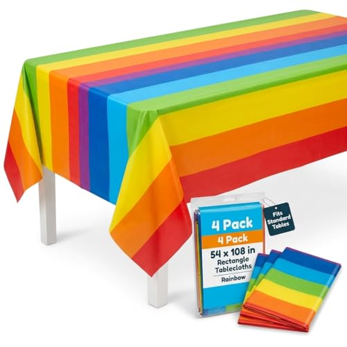 Oojami 4 Pack Rainbow Tablecloths 54 x 108 Inch – Disposable Plastic Table Covers for Birthday Party, Baby Shower, Carnival, Rectangle Table, Colorful Party Supplies, Rainbow Theme Decor