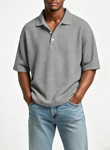 Polo para hombre de tejido de waffle, transpirable, corte suelto, manga corta, estilo casual con cuello de botones miniatura 3