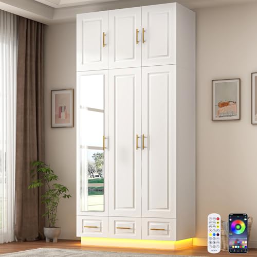 Hlivelood Large Armoire Wardrobe Closet Cabinet with Drawers and LED Lights, Multi-Tier Shelves, Hanging Rod, Large Capacity Storage 3 Door Wardrobe Armoire with Top Cabinet for Bedroom, White