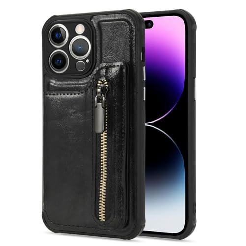 Étui de téléphone en cuir portefeuille à fermeture éclair compatible iPhone 13 Pro noir