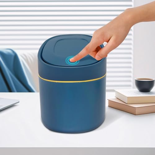 Image of Soddeph Plastic Mini Trash Can with Lid,Small Desktop Waste Bin for Bathroom, Office, or Kitchen,Pop-Up Countertop Wastebasket for Counter, Vanity, or Coffee Table (Blue)