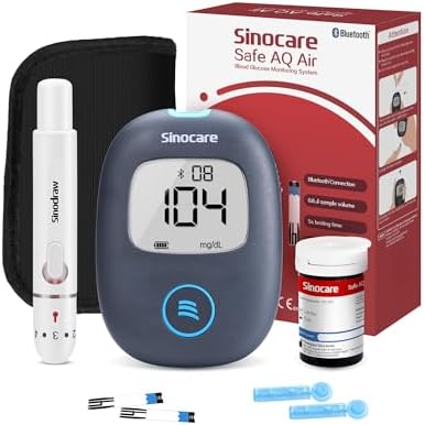 Sinocare Safe AQ Air Blutzuckermessgerät, einfaches und großartiges Blutzuckertest-Set mit Bluetooth und App, 25 Teststreifen und Lanzetten, in mg/dl