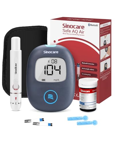 Sinocare Safe AQ Air Blutzuckermessgerät einfaches und großartiges Blutzuckertest-Set mit Bluetooth und App 25 Teststreifen und Lanzetten in mg/dl