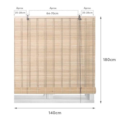 Miniatura 2 de Lolahome - Estor Enrollable De Bambú Color Natural Tostado De 140 X 180 Cm. Persiana De Estilo Rústico Para Dar Sombra, Protección Solar Y Escurecer Puertas O Ventanas