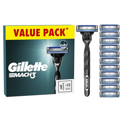 Gillette Mach3 Men's Razor + 12 Razor Blade Refills, 3 Blades for a Smooth Shave, Fits All Mach3 Handles