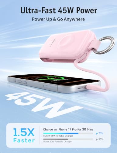 RORRY CharmGo Portable Charger 45W Fast Charging, 10000mAh Keychain Power Bank with Built-in Cables, Battery Pack for iPhone 17/16/15/14/13/12/11 Pro/Max and Apple Watch Ultra/11/10/9/SE, iPad — view 2
